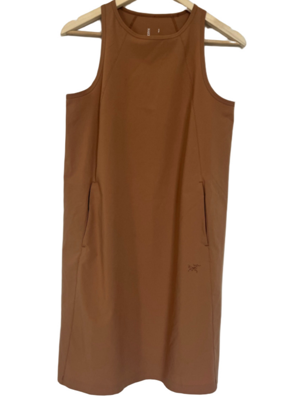 Arc'teryx Contenta Shift Dress Tan Brown Mini Dress Pockets High Neckline Travel